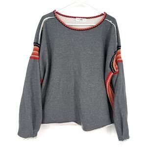 Natural Life Knit Trim Oversized Boho Sweatshirt Raw Hem Embroidered Women L/XL